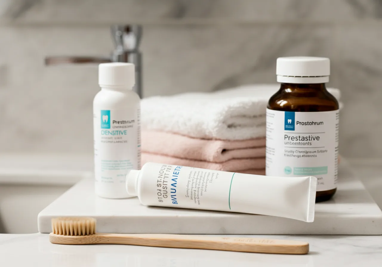 Postpartum dental care essentials including soft toothbrush and sensitive toothpaste - detail