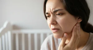Tired new mother holding her cheek experiencing postpartum tooth pain