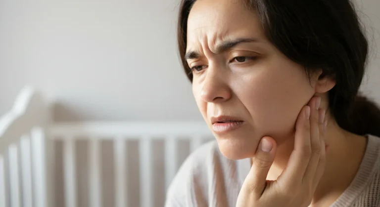 Tired new mother holding her cheek experiencing postpartum tooth pain