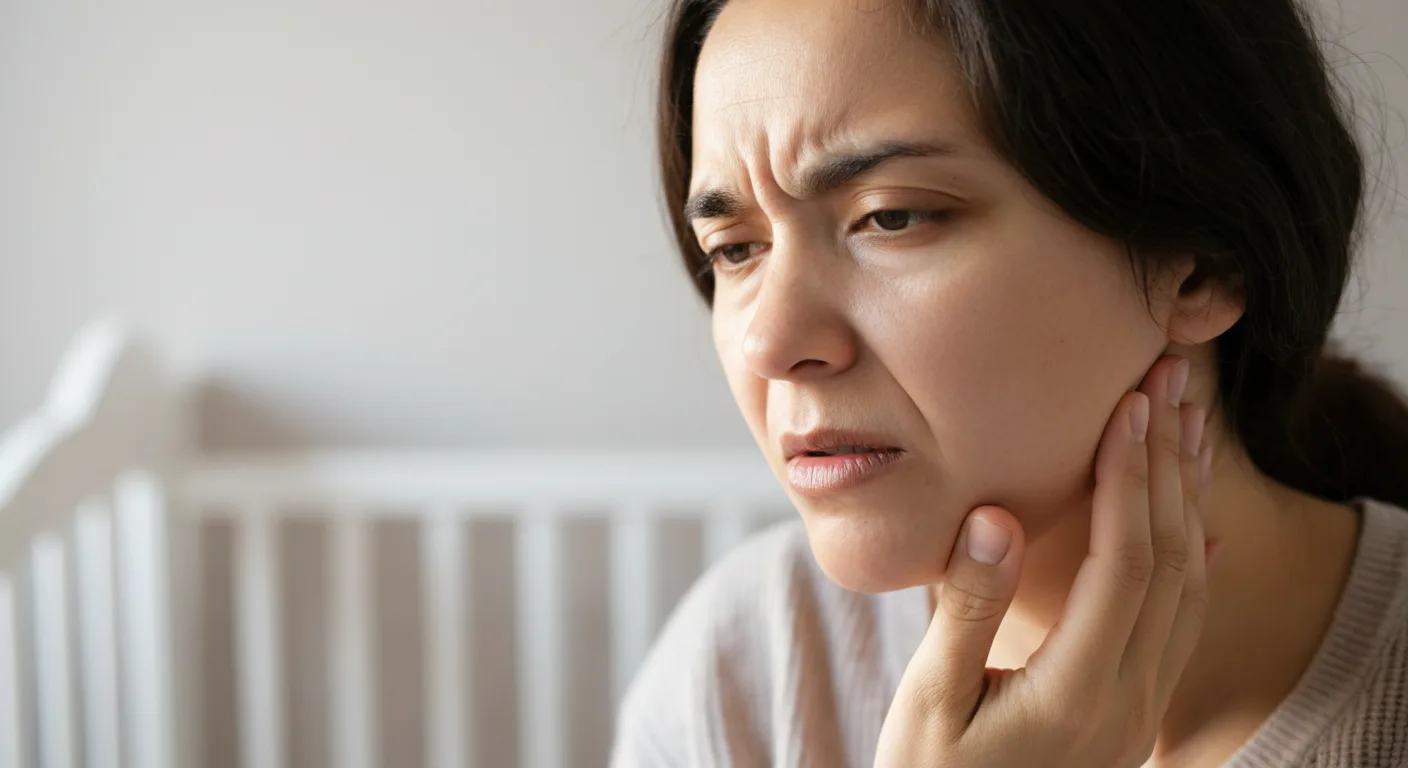 Tired new mother holding her cheek experiencing postpartum tooth pain