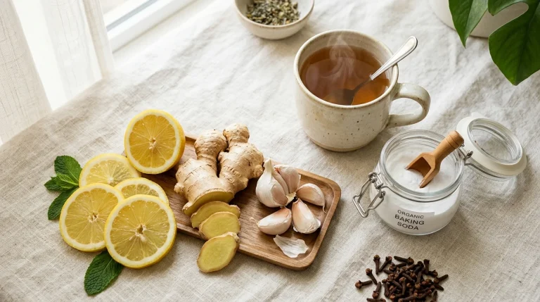 Natural culinary remedies flat-lay with lemon, ginger, garlic, and herbal tea (AI Generated Image)