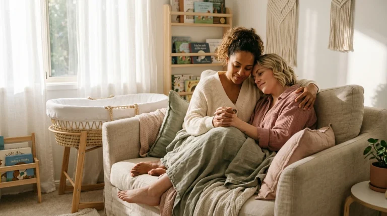 Two female partners bonding peacefully during postpartum fourth trimester recovery (AI Generated Image)