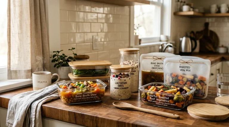 Wholesome postpartum freezer meals and bone broth meal prep (AI Generated Image)