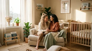 Two supportive female partners sharing a quiet moment in a nursery (AI Generated Image)
