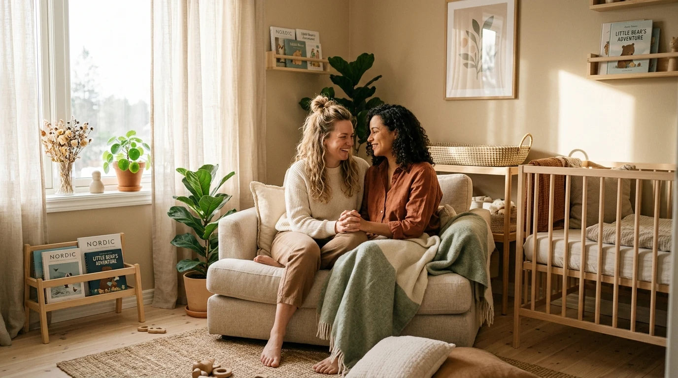Two supportive female partners sharing a quiet moment in a nursery (AI Generated Image)