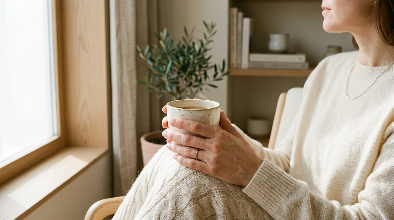 Woman holding warm tea mug near sunlit window in cozy sweater (AI Generated Image)
