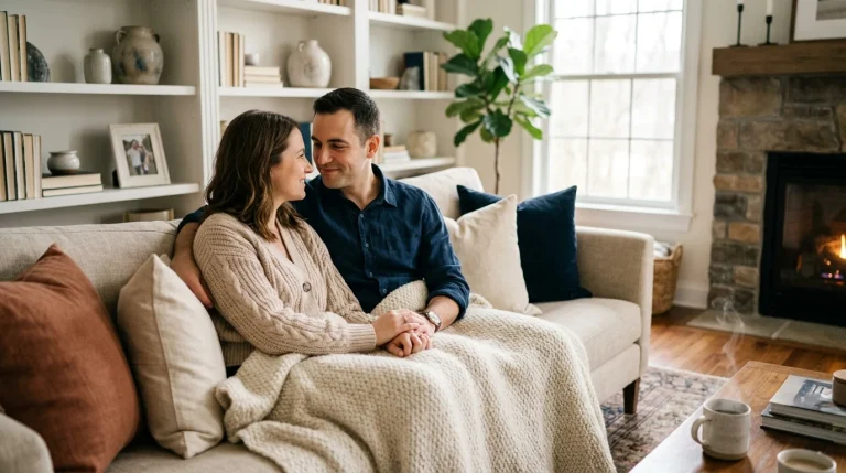 Adult couple sitting close together under a soft throw blanket on a living room sofa (AI Generated Image)