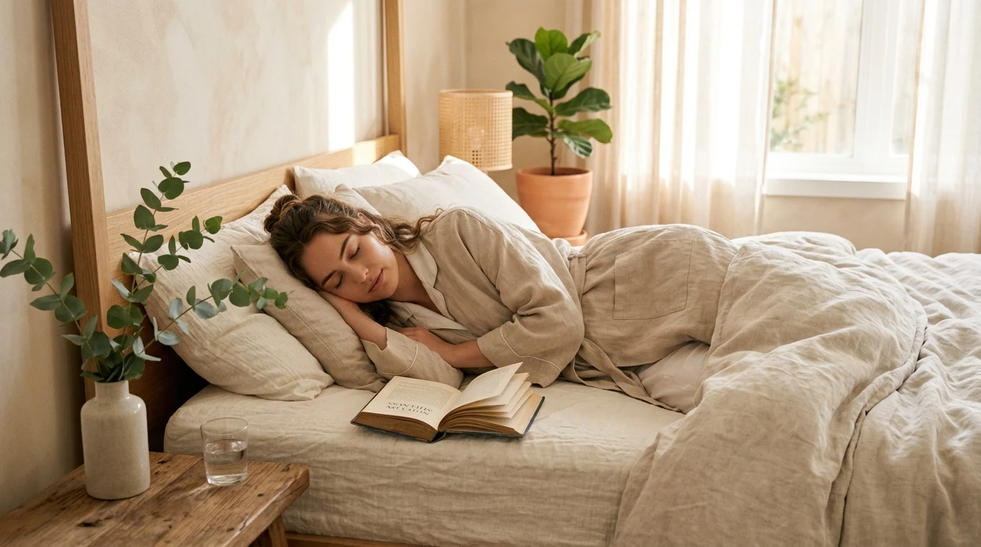Woman resting peacefully in sunlit modern bedroom with book and eucalyptus (AI Generated Image)