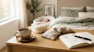 Herbal tea, nursing pads, and postpartum wellness journal on a bedside table (AI Generated Image)